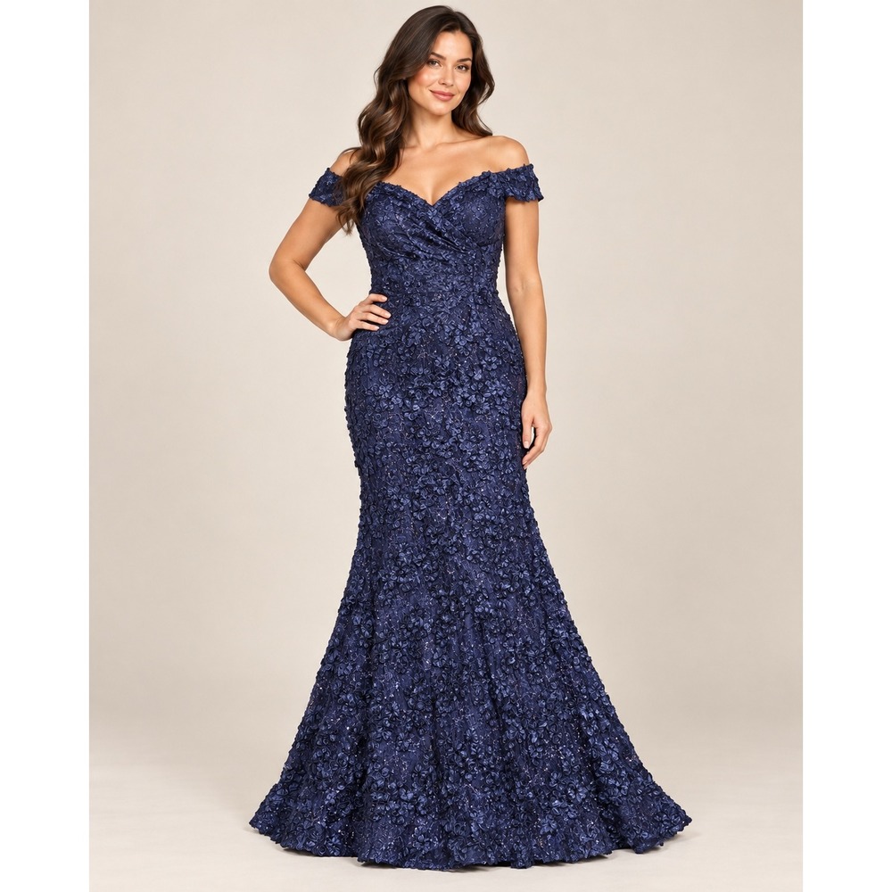 Xscape Womens Navy 3D Floral Lace Off Shoulder Mermaid Gown 4618XP 8P